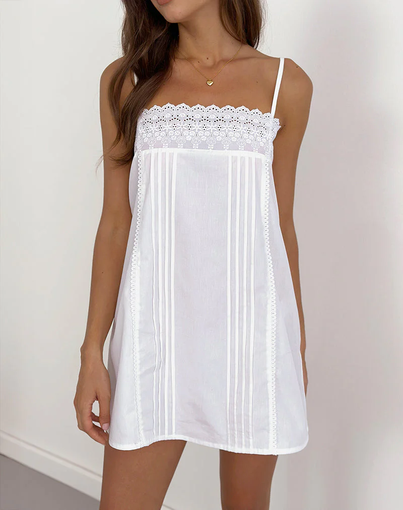 Yoshiko Broderie Trim Mini Dress in White - Image 3