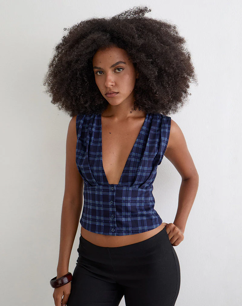 Yoshino Plunge Top in Blue Midnight Check - Image 4