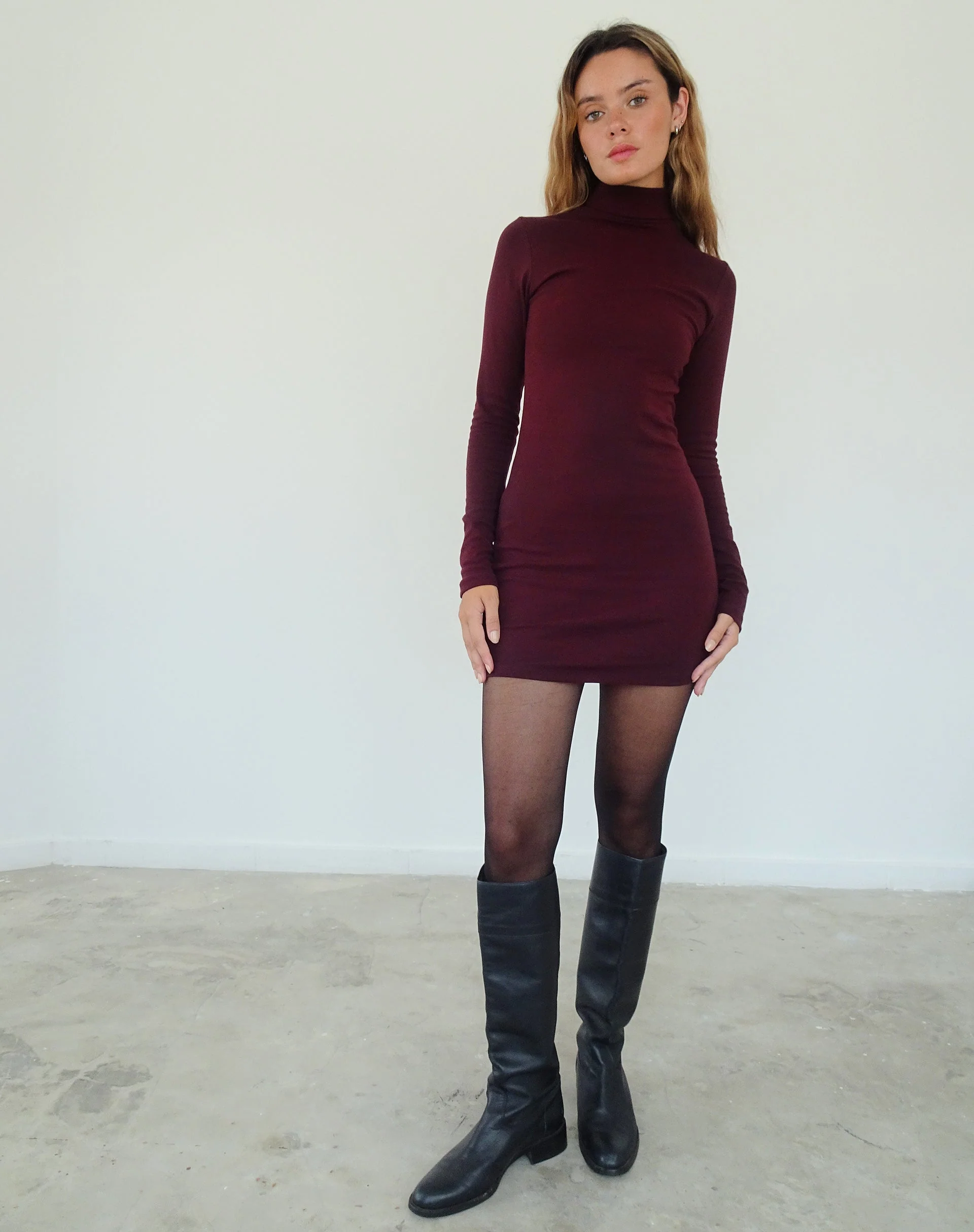 Yrion Turtle Neck Bodycon Mini Dress in Burgundy - Image 3