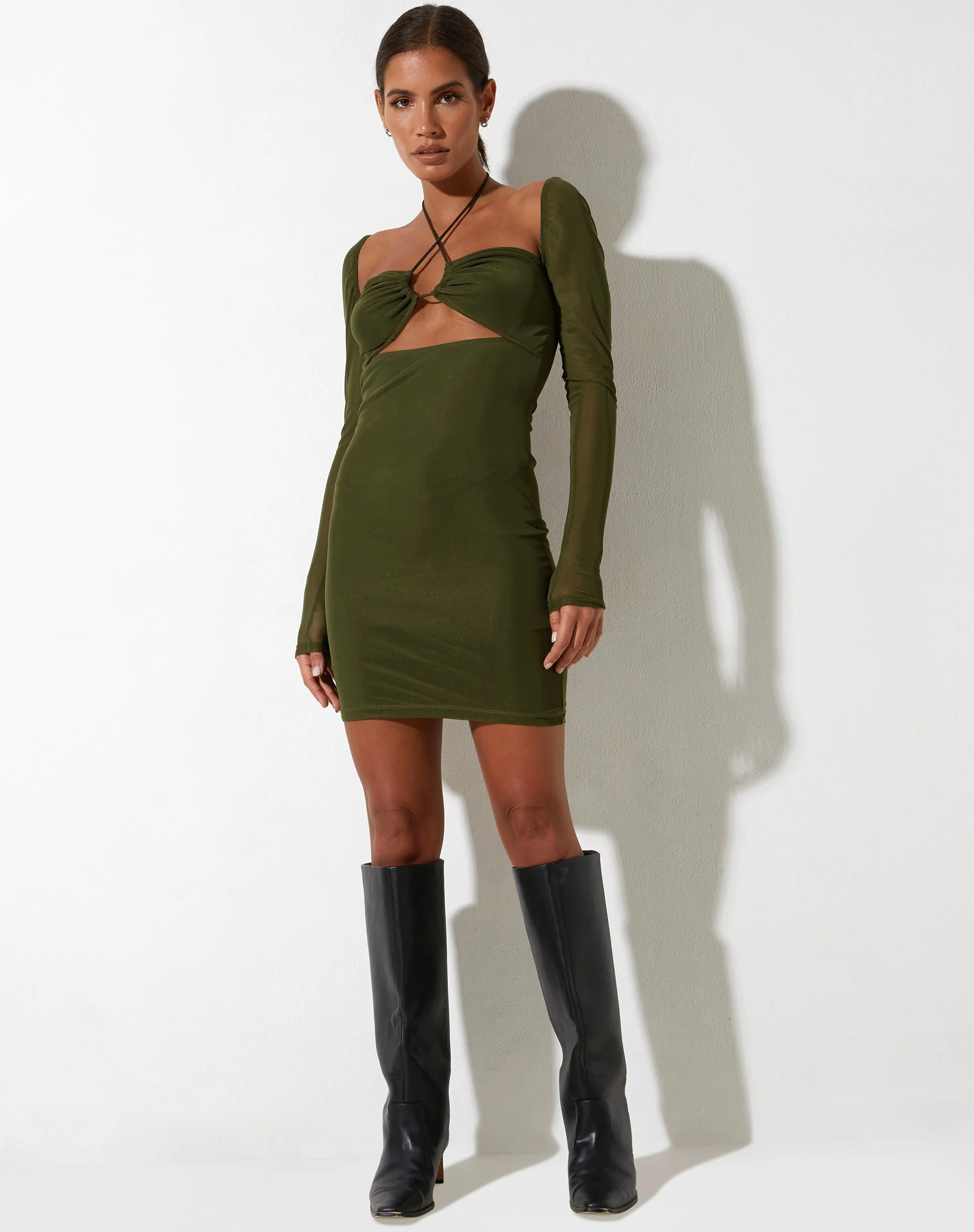 Yuvila Bodycon Dress in Mesh Khaki - Image 3