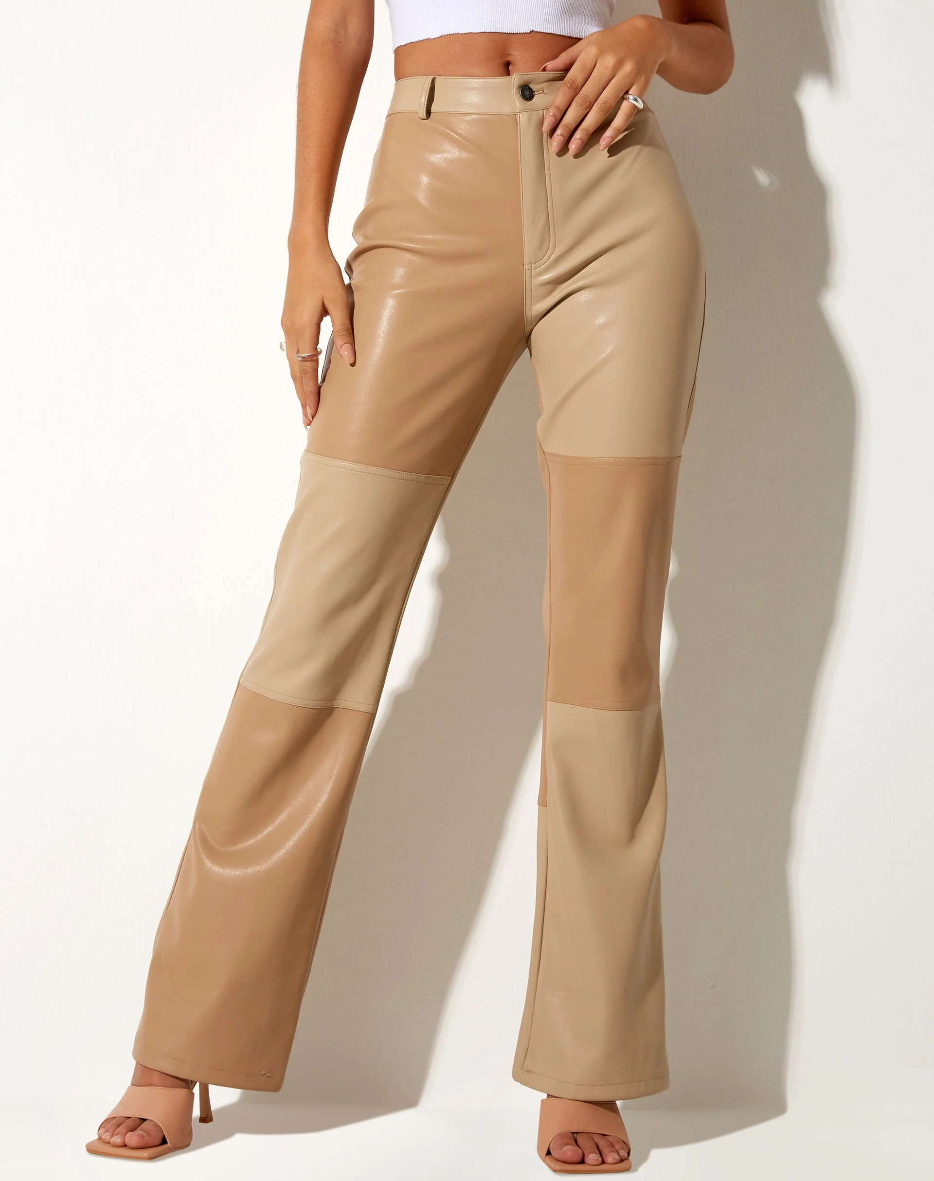Zabel Flare Trouser in PU Tan Cream - Image 3