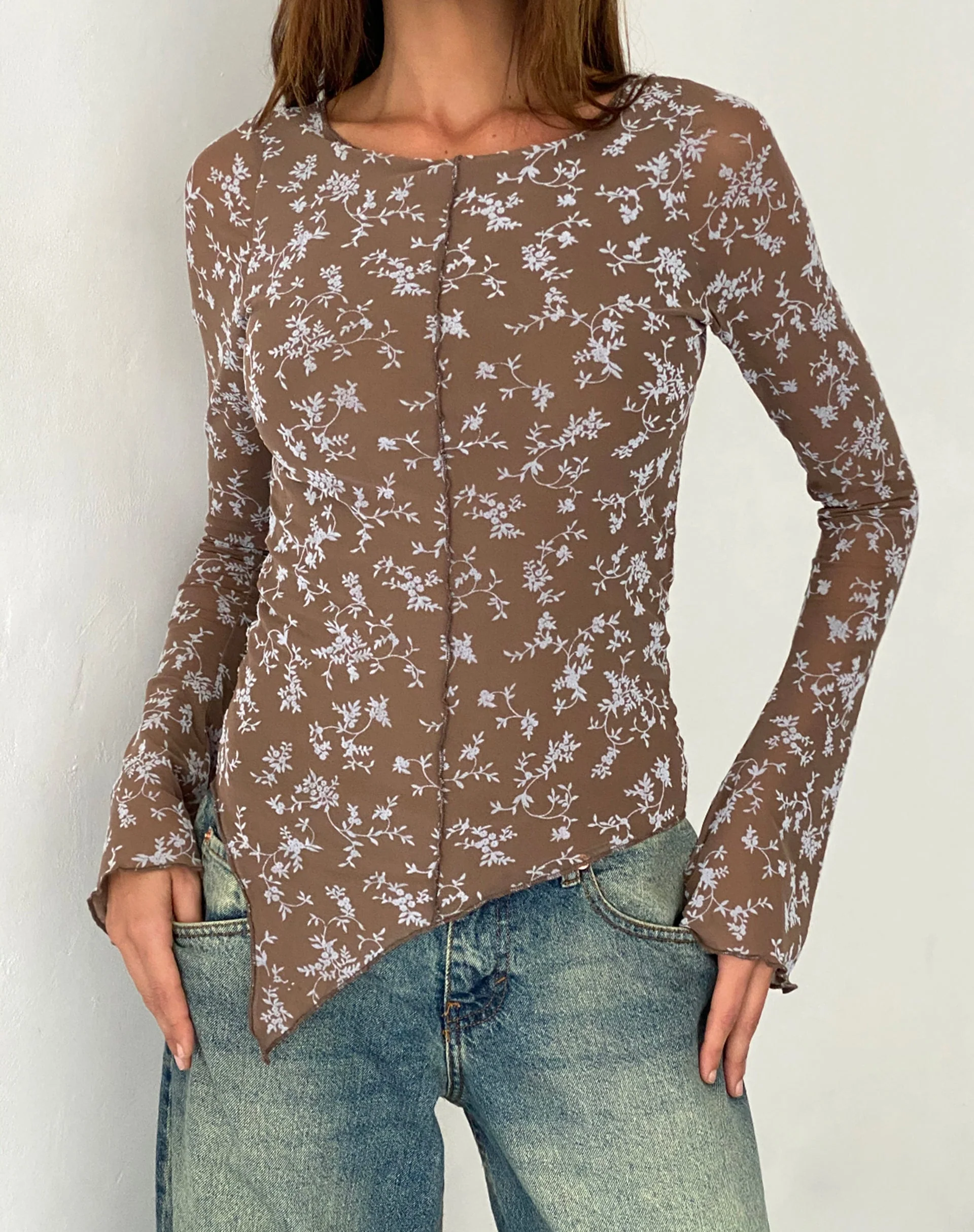 Zest Mesh Long Sleeve Top in Botanist Flock Dark Taupe