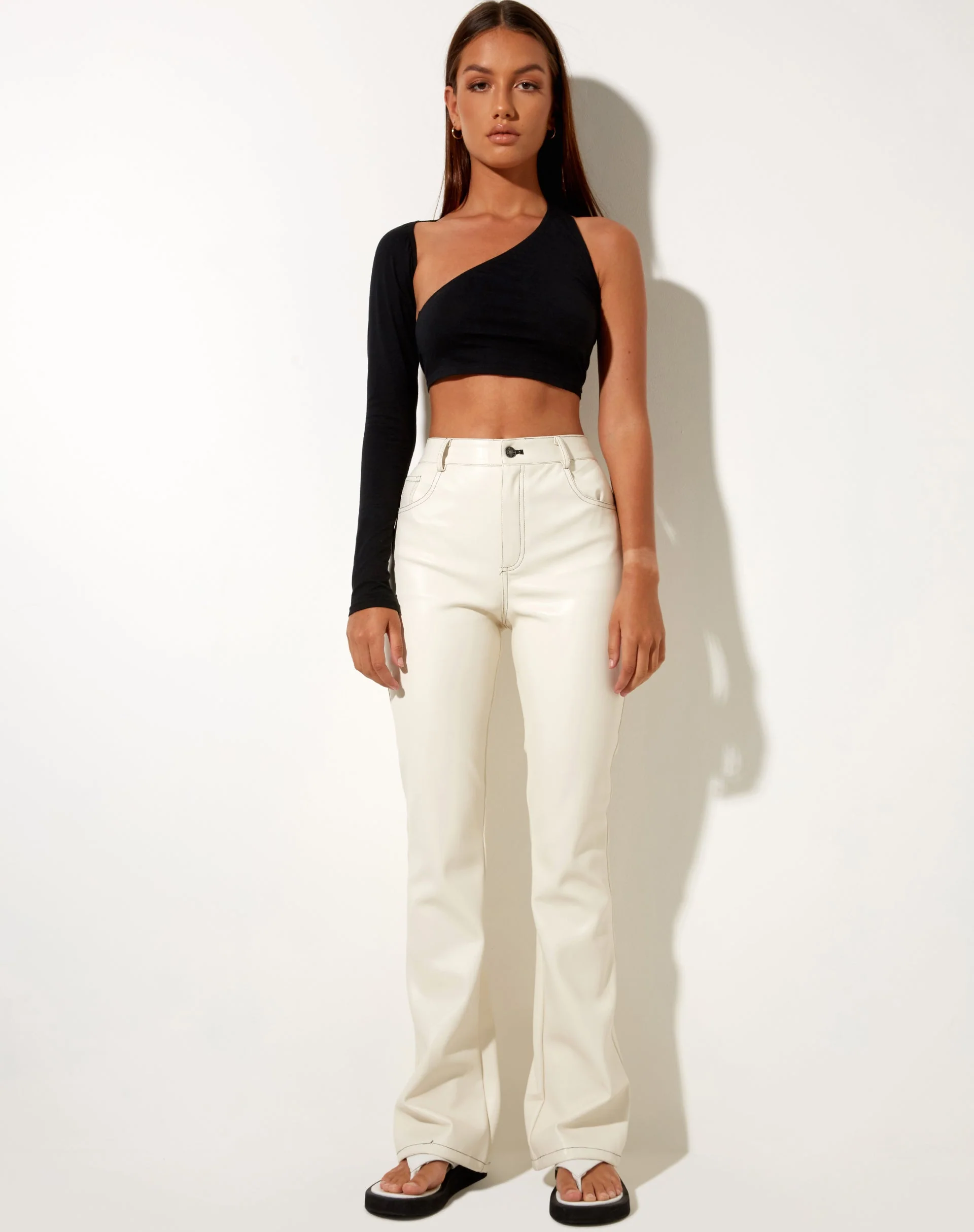 Zorea Trouser in PU Coconut Milk with Black Stitching - Image 4