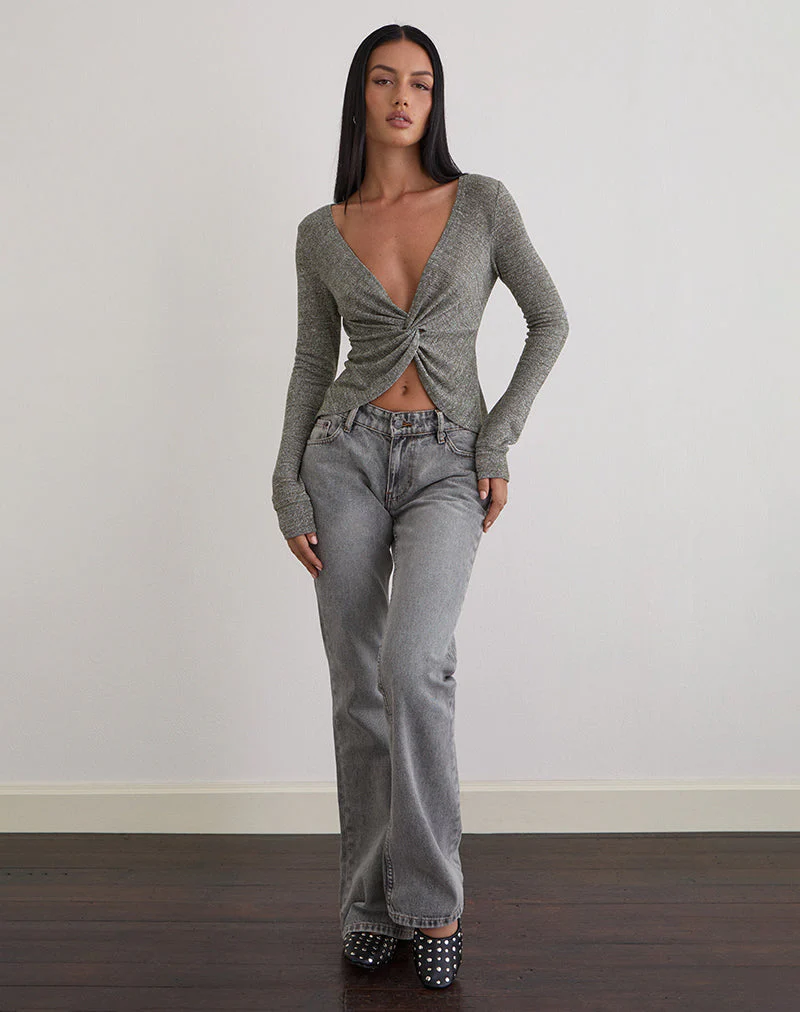 Zoril Twist Top in Glitter Knit Khaki - Image 2